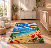 Beach Airplane Banner Rug in a nursery beside a crib and dresser