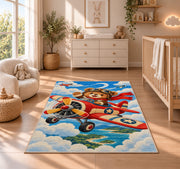 Teddy Bear Pilot Rug in a nursery beside a crib and dresser