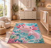Cute Pink Axolotl Rug in a nursery beside a crib and dresser