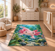 Axolotl Lake Rug in a nursery beside a crib and dresser