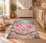 Axolotl Princess Rug in a nursery beside a crib and dresser