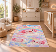 Rainbow Axolotl Rug in a nursery beside a crib and dresser