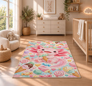 Axolotl Ice Cream Rug in a nursery beside a crib and dresser