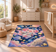 Astronaut Axolotl Rug in a nursery beside a crib and dresser