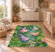 Axolotl Pond Rug in a nursery beside a crib and dresser