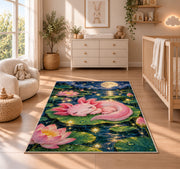 Sleeping Axolotl Rug in a nursery beside a crib and dresser