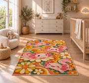 Retro Groovy Axolotl Rug in a nursery beside a crib and dresser