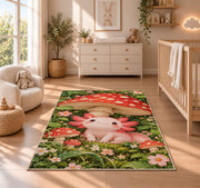 Axolotl Mushroom Rug in a nursery beside a crib and dresser