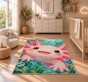 Big Axolotl Face Rug in a nursery beside a crib and dresser