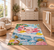 Axolotl Bubble Bath Rug in a nursery beside a crib and dresser