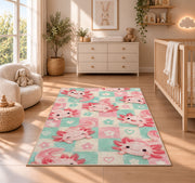 Pastel Checkered Axolotl Rug in a nursery beside a crib and dresser