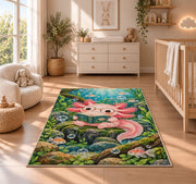 Axolotl Reading Book Rug in a nursery beside a crib and dresser