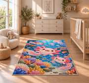 Axolotl Ocean Rug in a nursery beside a crib and dresser