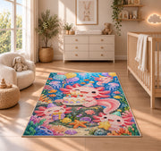 Axolotl Birthday Party Rug in a nursery beside a crib and dresser