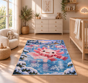 Winter Axolotl Rug in a nursery beside a crib and dresser
