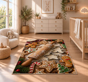 Gingerbread baking rug in a nursery beside a crib and dresser
