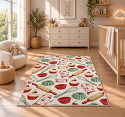 Baking tools pattern rug in a nursery beside a crib and dresser