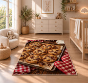 Chocolate chip cookie tray rug in a nursery beside a crib and dresser