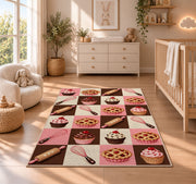 Checkered bakery icons rug in a nursery beside a crib and dresser