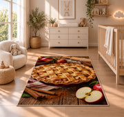 Apple pie rug in a nursery beside a crib and dresser
