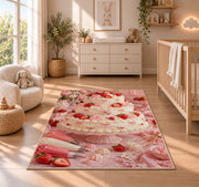 Strawberry tiered cake rug in a nursery beside a crib and dresser