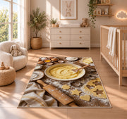 Baking flat lay rug in a nursery beside a crib and dresser