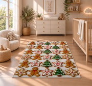 Christmas cookie grid rug in a nursery beside a crib and dresser