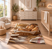 Fresh bread basket rug in a nursery beside a crib and dresser