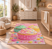 Cute pastel cupcakes rug in a nursery beside a crib and dresser