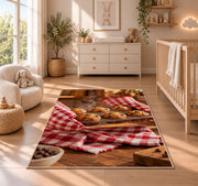 Fresh muffin tray rug in a nursery beside a crib and dresser