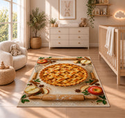 Apple pie with rolling pins rug in a nursery beside a crib and dresser