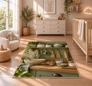 Sage farmhouse baking shelf rug in a nursery beside a crib and dresser