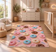 Donut pattern rug in a nursery beside a crib and dresser
