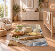 Eggs flour and butter rug in a nursery beside a crib and dresser