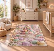 Pastel macaron tower rug in a nursery beside a crib and dresser