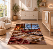 Winter baking window rug in a nursery beside a crib and dresser