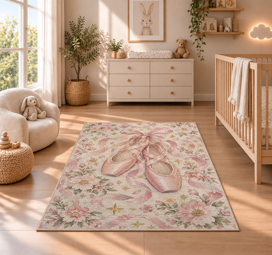 Pink pointe shoes floral rug in a nursery beside a crib and dresser