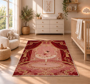 Ballerina on stage rug in a nursery beside a crib and dresser