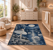 Swan lake ballerina rug in a nursery beside a crib and dresser