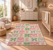 Ballet checkered rug in a nursery beside a crib and dresser