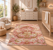Ballerina music box rug in a nursery beside a crib and dresser