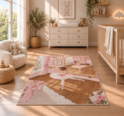 Ballet studio rug in a nursery beside a crib and dresser