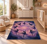 Ballerina silhouettes rug in a nursery beside a crib and dresser