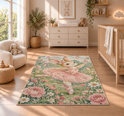 Bunny ballerina rug in a nursery beside a crib and dresser