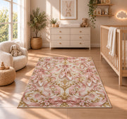 Pointe shoes ribbon damask rug in a nursery beside a crib and dresser