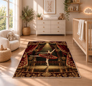Ballerina in spotlight rug in a nursery beside a crib and dresser