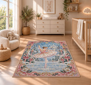 Winter ballerina rug in a nursery beside a crib and dresser