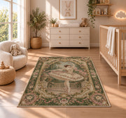 Vintage ballerina tapestry rug in a nursery beside a crib and dresser