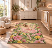 Butterfly fairy ballerina rug in a nursery beside a crib and dresser