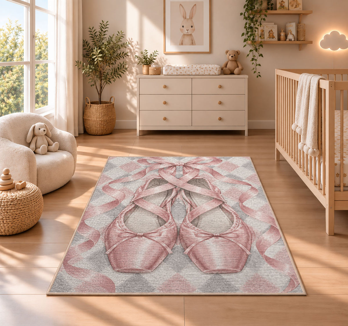 Pointe shoes harlequin rug in a nursery beside a crib and dresser